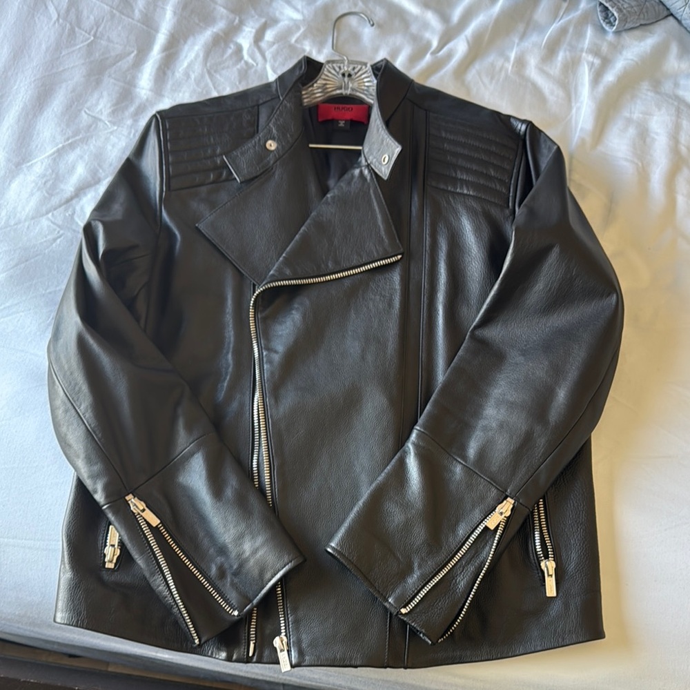 HUGO Boss Black Leather Moto Jacket Asymmetrical Zipper